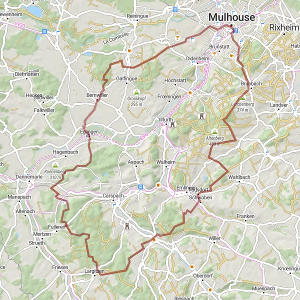 Miniature de la carte de l'inspiration cycliste "Boucle à travers la campagne alsacienne" dans la Alsace, France. Générée par le planificateur d'itinéraire cycliste Tarmacs.app