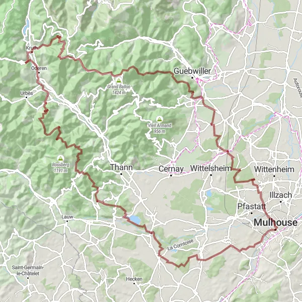 Map miniature of "Gravel Adventure: Mulhouse to Soultz-Haut-Rhin" cycling inspiration in Alsace, France. Generated by Tarmacs.app cycling route planner