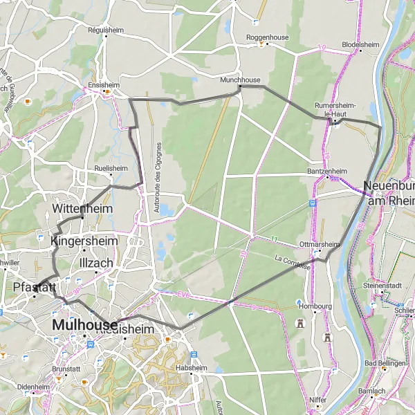 Miniature de la carte de l'inspiration cycliste "Boucle de Wittenheim à Pfastatt" dans la Alsace, France. Générée par le planificateur d'itinéraire cycliste Tarmacs.app