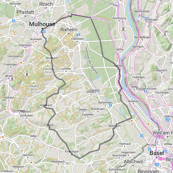 Map miniature of "Discover the Villages: Mulhouse to Bruebach Loop" cycling inspiration in Alsace, France. Generated by Tarmacs.app cycling route planner