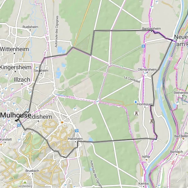 Map miniature of "Sausheim to Habsheim Loop" cycling inspiration in Alsace, France. Generated by Tarmacs.app cycling route planner