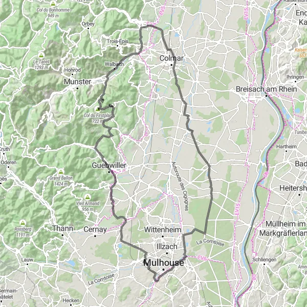 Map miniature of "Mulhouse to Colmar Loop" cycling inspiration in Alsace, France. Generated by Tarmacs.app cycling route planner