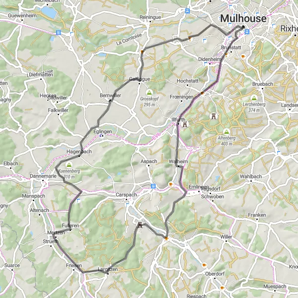 Map miniature of "Alsace Vineyards and Countryside" cycling inspiration in Alsace, France. Generated by Tarmacs.app cycling route planner