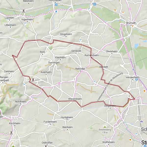Miniature de la carte de l'inspiration cycliste "Les Collines de Kochersberg" dans la Alsace, France. Générée par le planificateur d'itinéraire cycliste Tarmacs.app