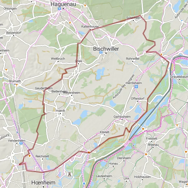 Map miniature of "The Gravel Trail to Souffelweyersheim" cycling inspiration in Alsace, France. Generated by Tarmacs.app cycling route planner