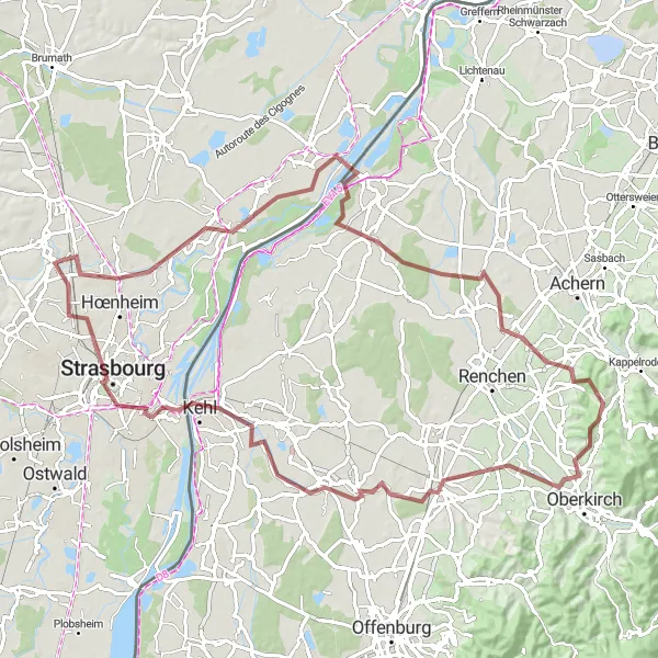 Map miniature of "The Gravel Adventure to Kehl" cycling inspiration in Alsace, France. Generated by Tarmacs.app cycling route planner