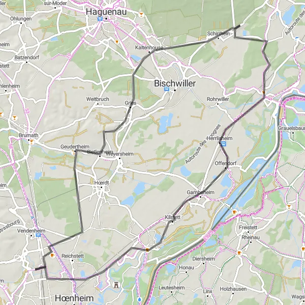 Map miniature of "Scenic Road Loop through Gambsheim" cycling inspiration in Alsace, France. Generated by Tarmacs.app cycling route planner