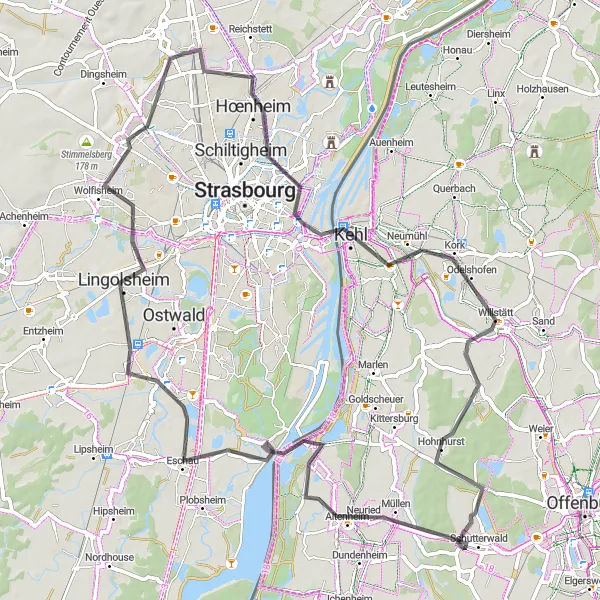 Map miniature of "The Alsace Wine Route" cycling inspiration in Alsace, France. Generated by Tarmacs.app cycling route planner