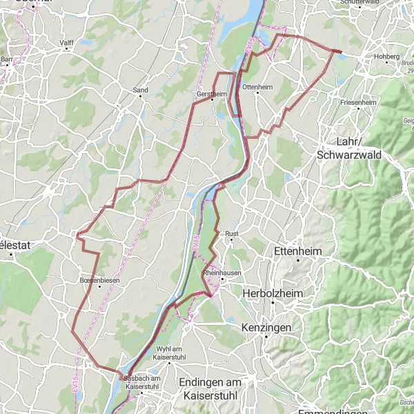 Miniature de la carte de l'inspiration cycliste "Exploration de la Plaine du Rhin à Vélo Tout-Terrain" dans la Alsace, France. Générée par le planificateur d'itinéraire cycliste Tarmacs.app