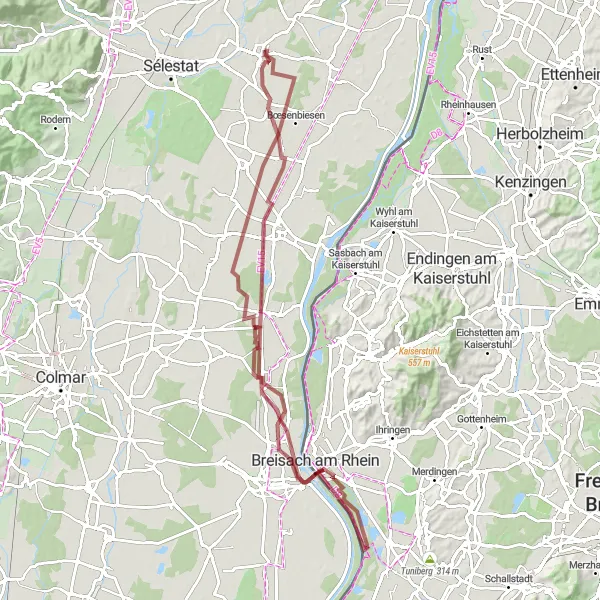 Miniature de la carte de l'inspiration cycliste "Parcours pittoresque vers Vogelgrun" dans la Alsace, France. Générée par le planificateur d'itinéraire cycliste Tarmacs.app