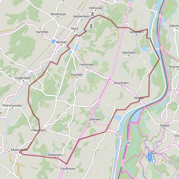 Miniature de la carte de l'inspiration cycliste "Exploration Naturelle de Huttenheim à Bindernheim en VTT" dans la Alsace, France. Générée par le planificateur d'itinéraire cycliste Tarmacs.app