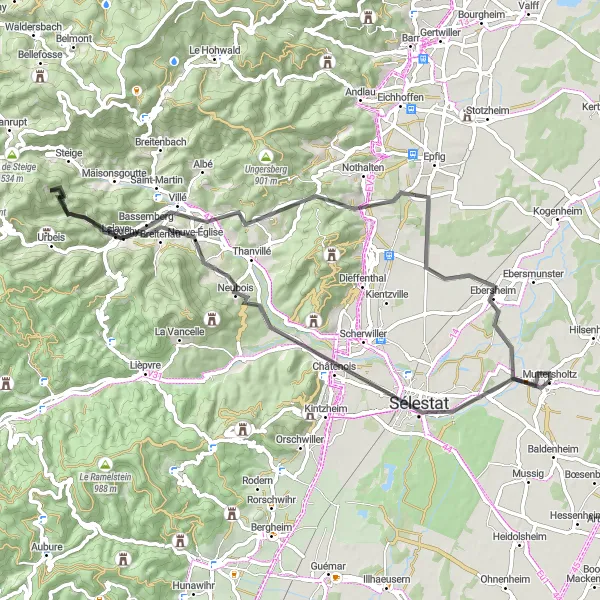 Map miniature of "Alsace Road Adventure" cycling inspiration in Alsace, France. Generated by Tarmacs.app cycling route planner