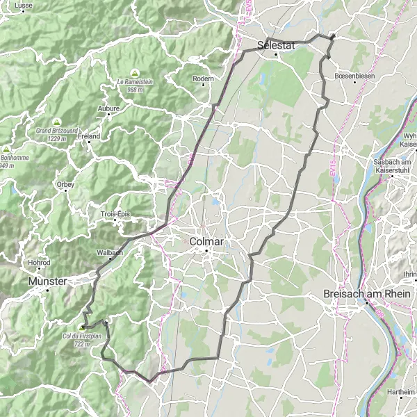 Map miniature of "Alsace Cycling Challenge" cycling inspiration in Alsace, France. Generated by Tarmacs.app cycling route planner