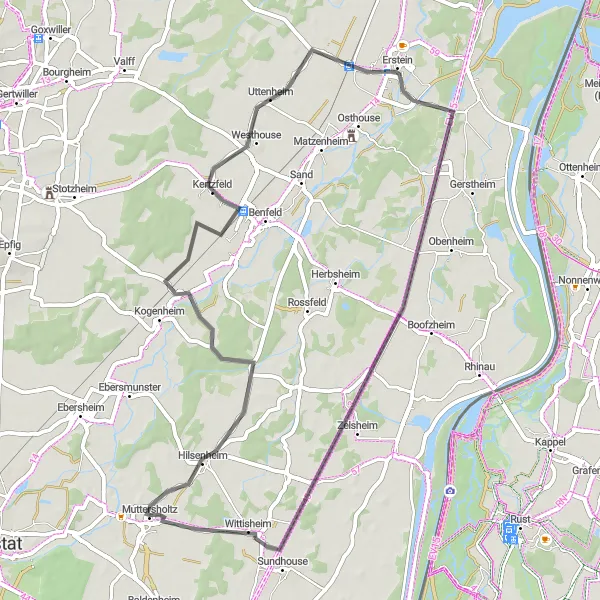 Miniature de la carte de l'inspiration cycliste "Boucle Pittoresque de Muttersholtz à Bindernheim sur Route" dans la Alsace, France. Générée par le planificateur d'itinéraire cycliste Tarmacs.app