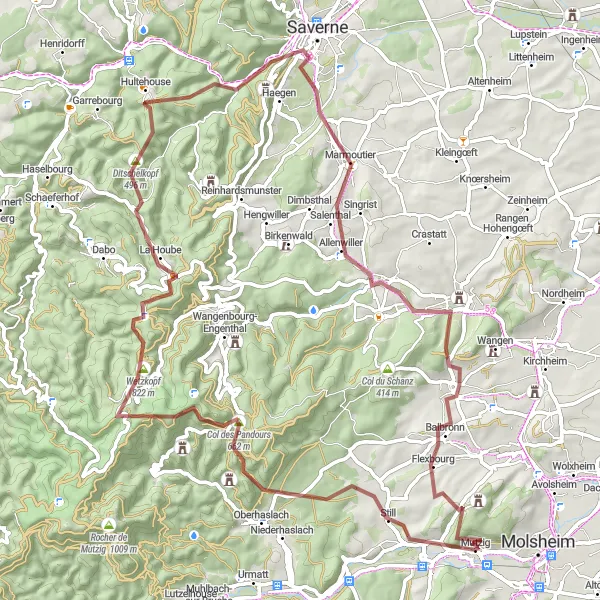 Miniature de la carte de l'inspiration cycliste "Les collines et les forts d'Alsace" dans la Alsace, France. Générée par le planificateur d'itinéraire cycliste Tarmacs.app