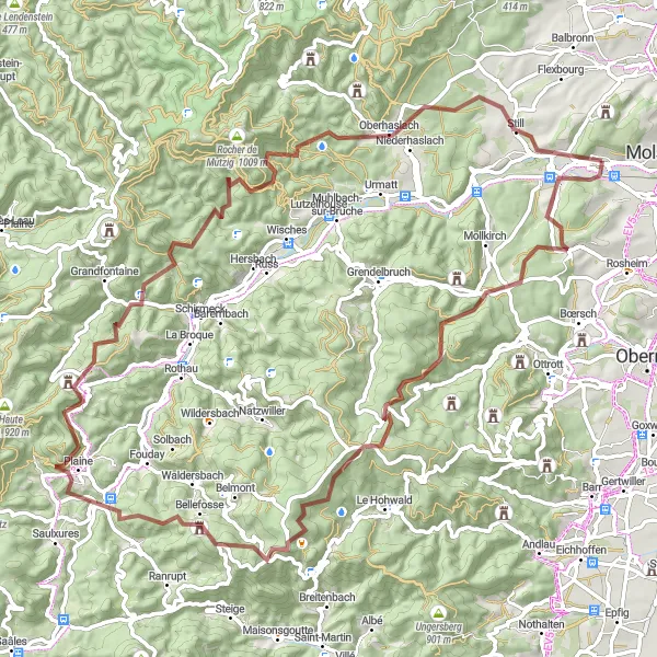 Miniature de la carte de l'inspiration cycliste "Aventure Gravel dans les Montagnes des Vosges" dans la Alsace, France. Générée par le planificateur d'itinéraire cycliste Tarmacs.app