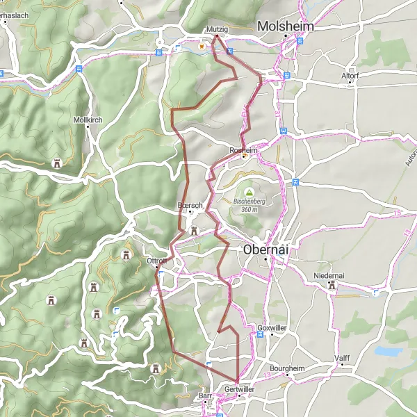 Map miniature of "Gravel Delight" cycling inspiration in Alsace, France. Generated by Tarmacs.app cycling route planner