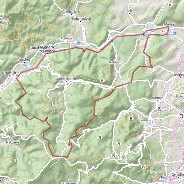 Miniature de la carte de l'inspiration cycliste "Escapade Gravel autour de Mutzig" dans la Alsace, France. Générée par le planificateur d'itinéraire cycliste Tarmacs.app