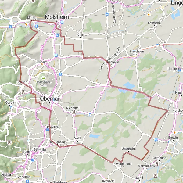 Miniature de la carte de l'inspiration cycliste "Les vignobles et les châteaux d'Alsace" dans la Alsace, France. Générée par le planificateur d'itinéraire cycliste Tarmacs.app