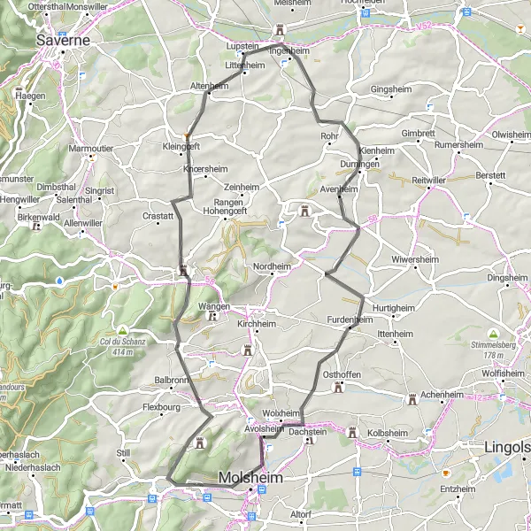 Map miniature of "Road Serenity" cycling inspiration in Alsace, France. Generated by Tarmacs.app cycling route planner