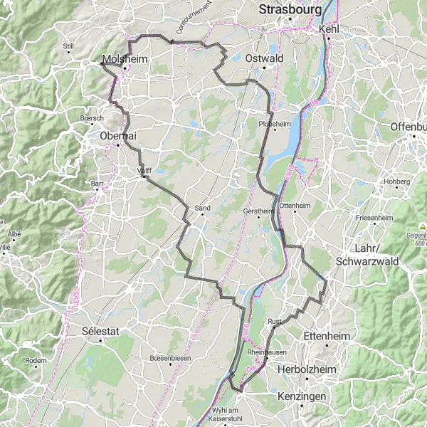 Miniature de la carte de l'inspiration cycliste "Circuit entre Molsheim et Obernai" dans la Alsace, France. Générée par le planificateur d'itinéraire cycliste Tarmacs.app