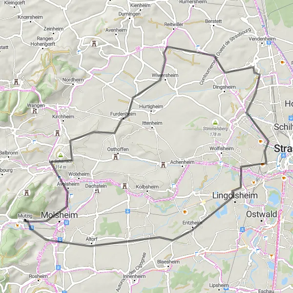 Map miniature of "Avolsheim to Altorf Exploration" cycling inspiration in Alsace, France. Generated by Tarmacs.app cycling route planner