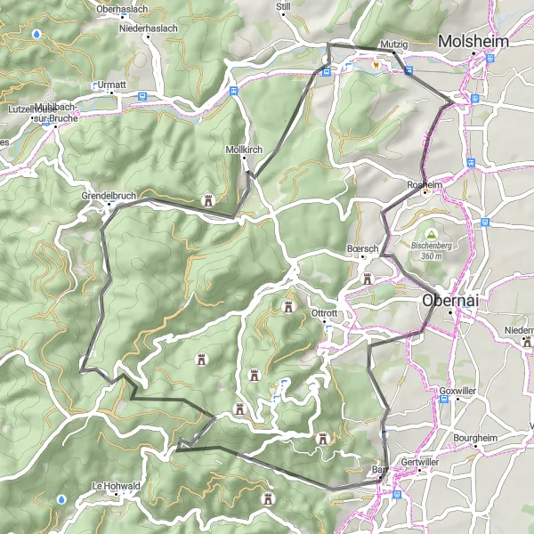 Map miniature of "Mutzig and the Route of Geissfels" cycling inspiration in Alsace, France. Generated by Tarmacs.app cycling route planner