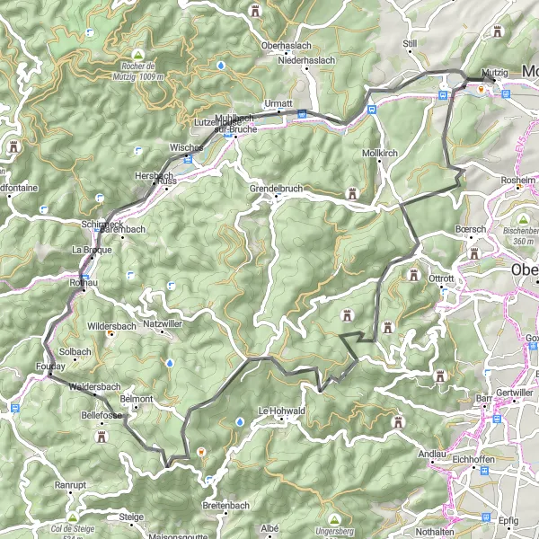 Map miniature of "Rocher du Geissfels and Château du Hagelschloss Adventure" cycling inspiration in Alsace, France. Generated by Tarmacs.app cycling route planner