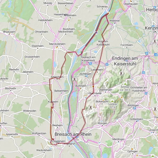 Map miniature of "Gravel Adventure to Kunheim and Mittelberg" cycling inspiration in Alsace, France. Generated by Tarmacs.app cycling route planner