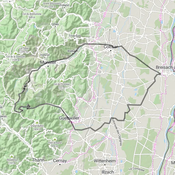 Map miniature of "Epic Road Cycling Route to Dessenheim and Colmar" cycling inspiration in Alsace, France. Generated by Tarmacs.app cycling route planner