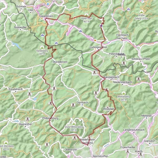 Miniature de la carte de l'inspiration cycliste "Boucle des Châteaux Gravel" dans la Alsace, France. Générée par le planificateur d'itinéraire cycliste Tarmacs.app