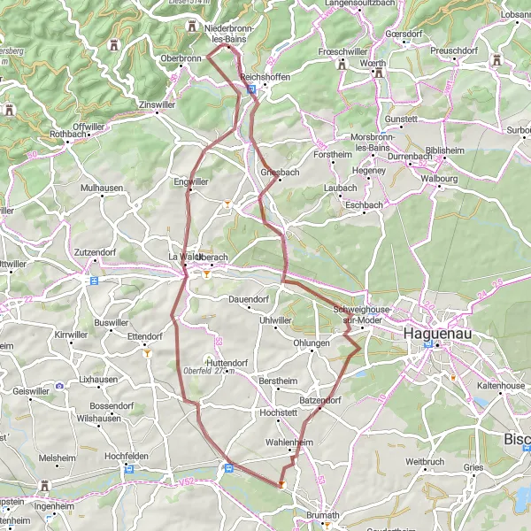 Miniature de la carte de l'inspiration cycliste "Itinéraire Nature en Gravel" dans la Alsace, France. Générée par le planificateur d'itinéraire cycliste Tarmacs.app