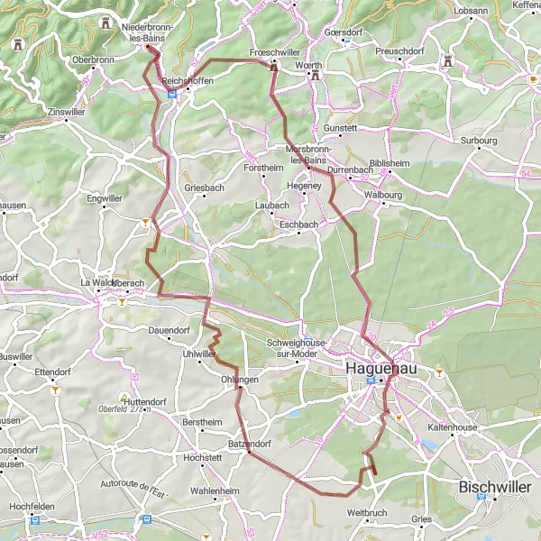Map miniature of "The Gravel Journey to Reichshoffen and Mietesheim" cycling inspiration in Alsace, France. Generated by Tarmacs.app cycling route planner