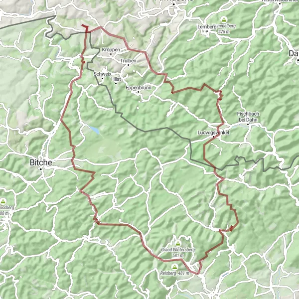 Map miniature of "Exploring Philippsbourg and Ludwigswinkel on Gravel" cycling inspiration in Alsace, France. Generated by Tarmacs.app cycling route planner