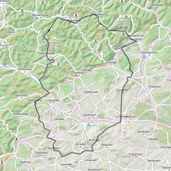 Miniature de la carte de l'inspiration cycliste "Boucle des Villages pittoresques" dans la Alsace, France. Générée par le planificateur d'itinéraire cycliste Tarmacs.app