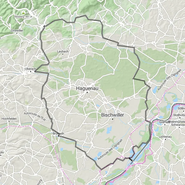 Miniature de la carte de l'inspiration cycliste "Parcours de Wœrth à Geudertheim" dans la Alsace, France. Générée par le planificateur d'itinéraire cycliste Tarmacs.app