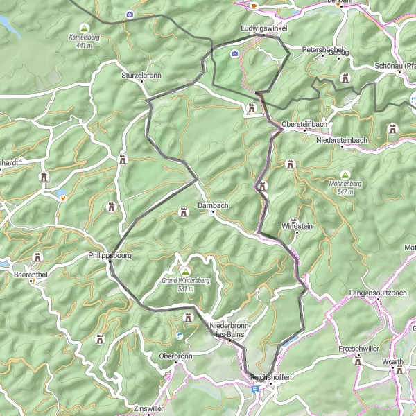 Miniature de la carte de l'inspiration cycliste "Parcours des Collines en Route" dans la Alsace, France. Générée par le planificateur d'itinéraire cycliste Tarmacs.app