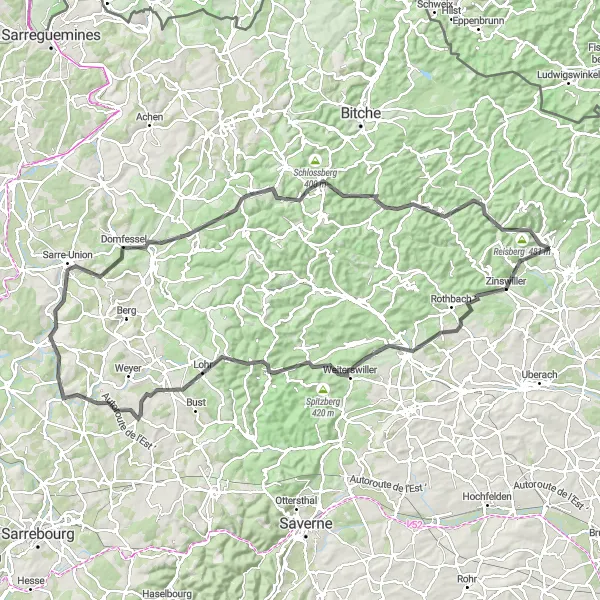 Miniature de la carte de l'inspiration cycliste "Circuit des Châteaux et Rochers" dans la Alsace, France. Générée par le planificateur d'itinéraire cycliste Tarmacs.app