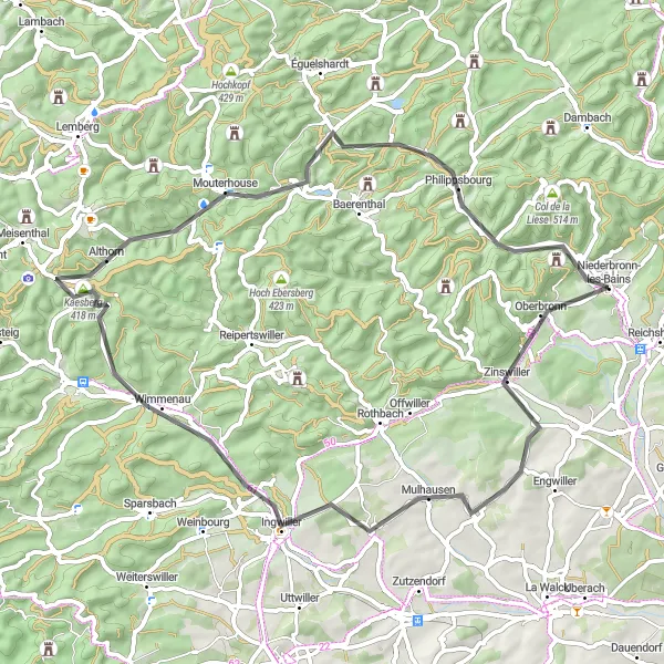 Miniature de la carte de l'inspiration cycliste "Parcours de Buckelstein à Château du Wasenbourg" dans la Alsace, France. Générée par le planificateur d'itinéraire cycliste Tarmacs.app