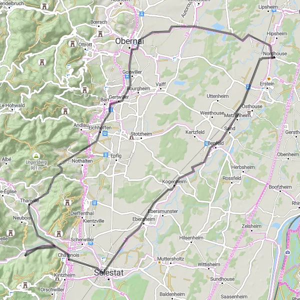 Map miniature of "Through Benfeld to Hindisheim" cycling inspiration in Alsace, France. Generated by Tarmacs.app cycling route planner