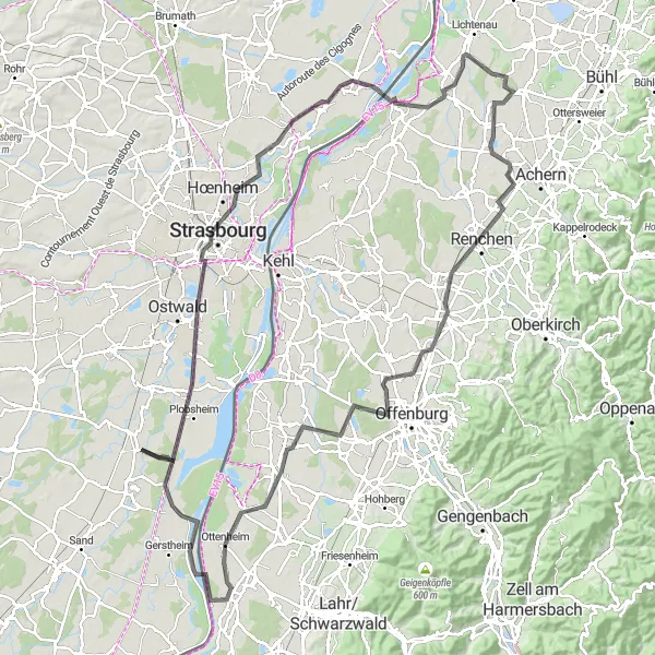 Map miniature of "Discovering Strasbourg and Beyond" cycling inspiration in Alsace, France. Generated by Tarmacs.app cycling route planner