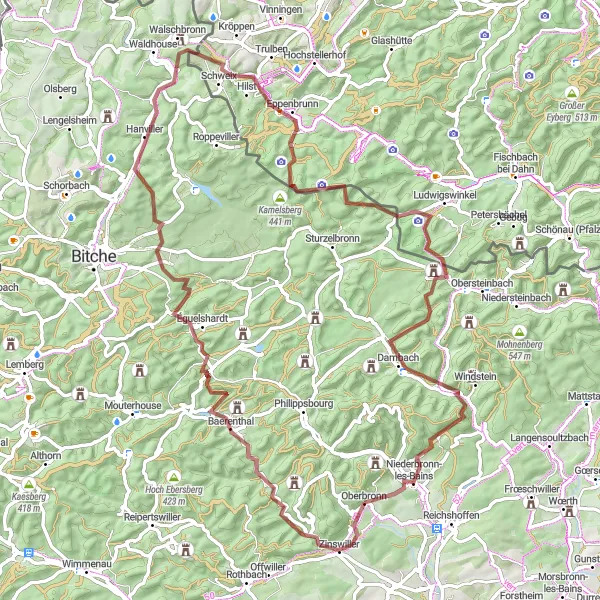 Miniature de la carte de l'inspiration cycliste "Aventure Gravel à Travers les Vignobles" dans la Alsace, France. Générée par le planificateur d'itinéraire cycliste Tarmacs.app