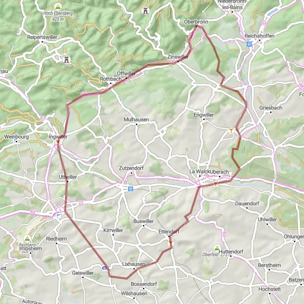 Map miniature of "The Hidden Gems" cycling inspiration in Alsace, France. Generated by Tarmacs.app cycling route planner