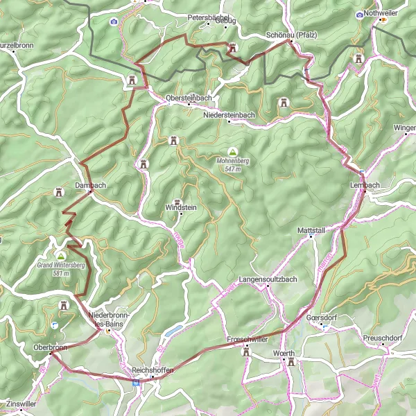 Miniature de la carte de l'inspiration cycliste "Parcours de Gravel à Niederbronn-les-Bains" dans la Alsace, France. Générée par le planificateur d'itinéraire cycliste Tarmacs.app