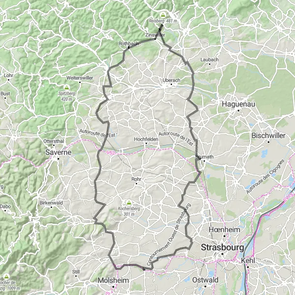 Map miniature of "The Vosges Climb" cycling inspiration in Alsace, France. Generated by Tarmacs.app cycling route planner