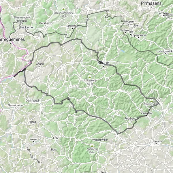 Miniature de la carte de l'inspiration cycliste "Escapade Nature en Vallée du Moder" dans la Alsace, France. Générée par le planificateur d'itinéraire cycliste Tarmacs.app