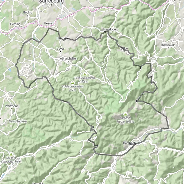 Map miniature of "Barembach Road Ride" cycling inspiration in Alsace, France. Generated by Tarmacs.app cycling route planner