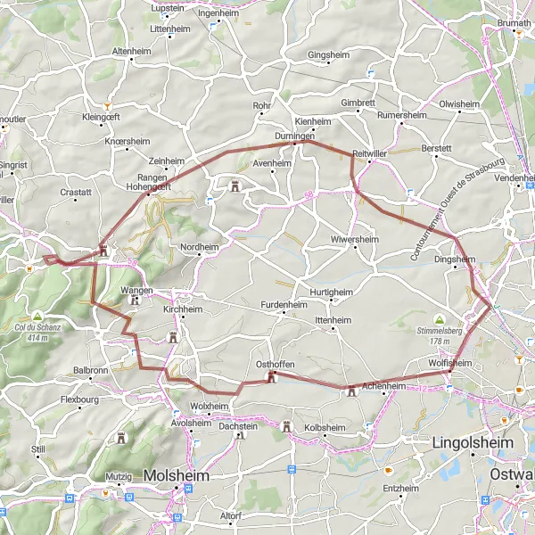 Map miniature of "The Challenging Gravel Loop" cycling inspiration in Alsace, France. Generated by Tarmacs.app cycling route planner