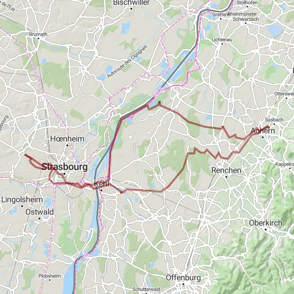 Miniature de la carte de l'inspiration cycliste "Itinéraire gravel Strasbourg-Kehl" dans la Alsace, France. Générée par le planificateur d'itinéraire cycliste Tarmacs.app