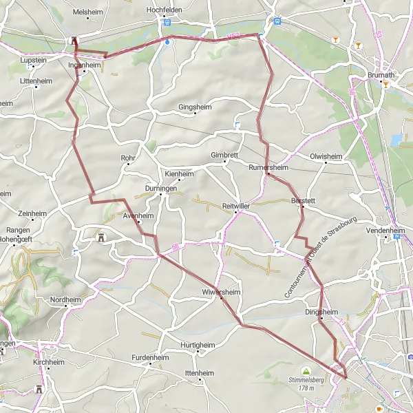 Miniature de la carte de l'inspiration cycliste "Le Tour des Villages Alsaciens en Gravel" dans la Alsace, France. Générée par le planificateur d'itinéraire cycliste Tarmacs.app